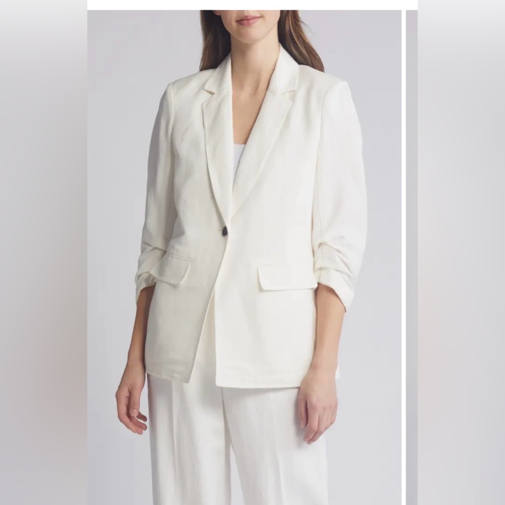 Anne Klein Gathered Sleeve Linen Blend Blazer